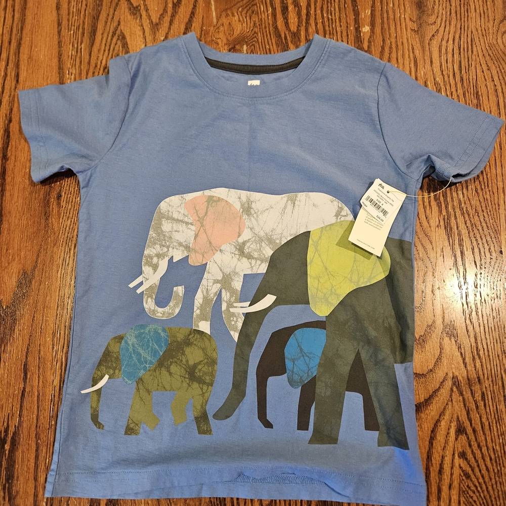 Tea Collection Blue Tee with Color-Block Elephant Family